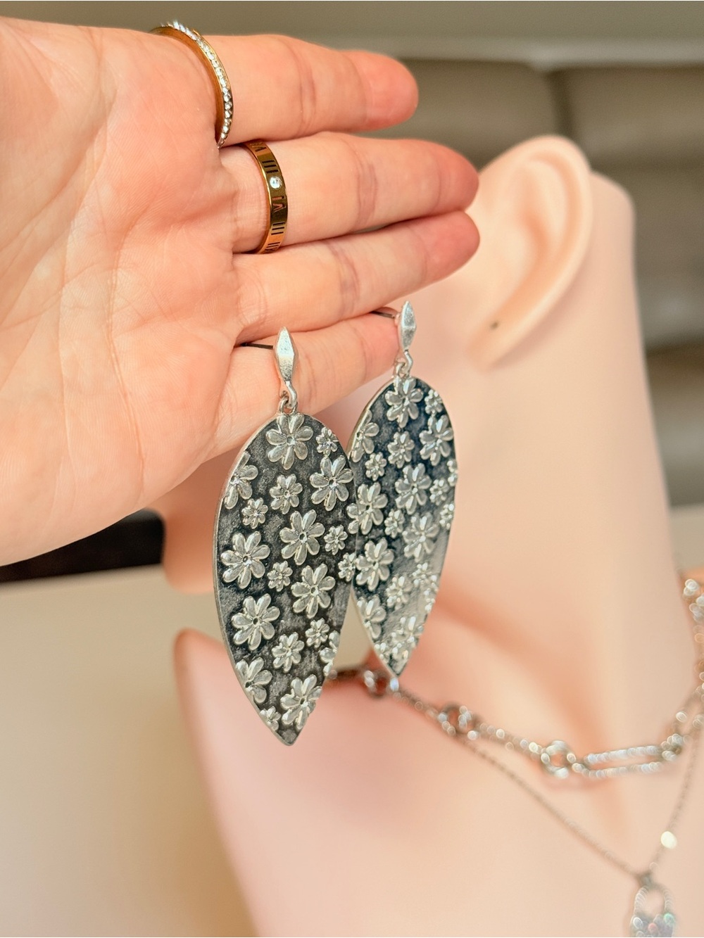 Silver Floral Teardrop Dangle Earrings - Picture 12 of 12